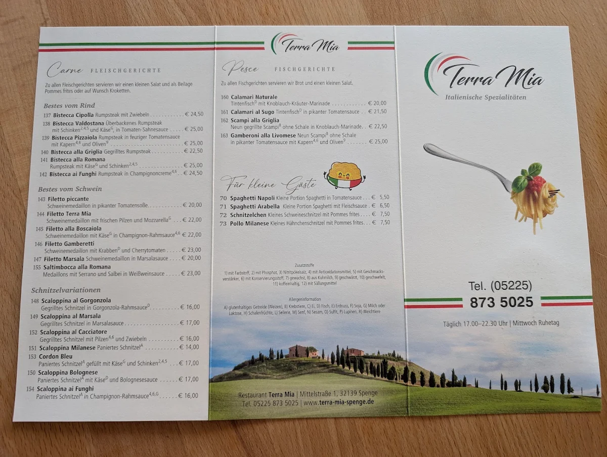 Speisekarte, TERRA-MIA Italienische Spezialitäten Restaurant