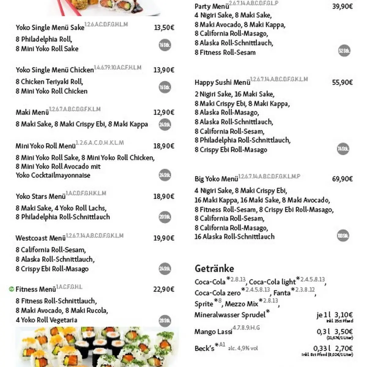 Speisekarte, Yoko Sushi Lieferservice Göttingen West