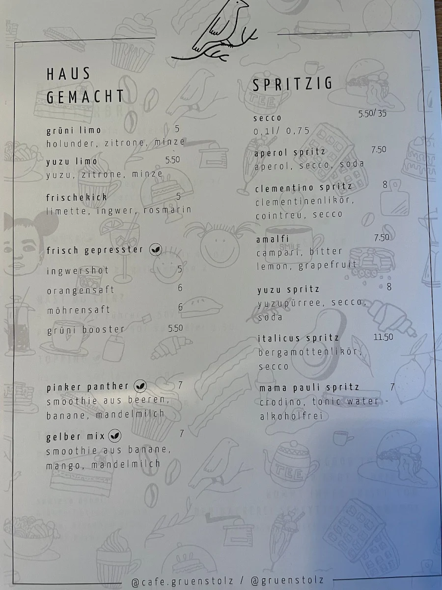 Speisekarte, Grünstolz Café