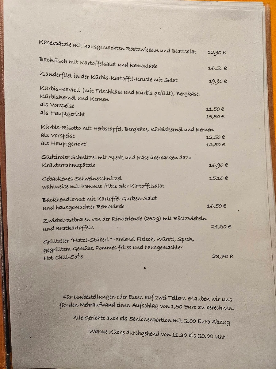 Speisekarte, Hatzl-Stüberl