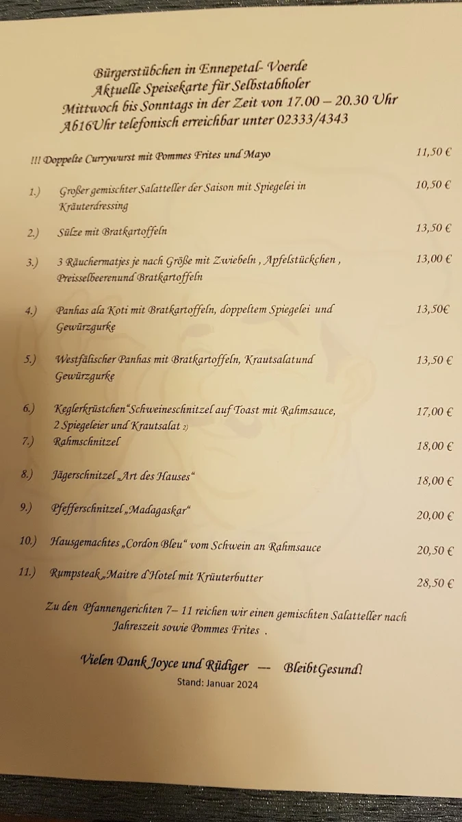 Speisekarte, Bürgerstübchen