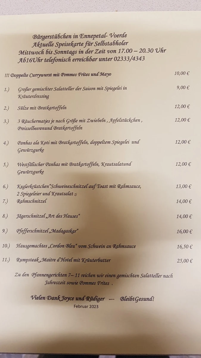 Speisekarte, Bürgerstübchen