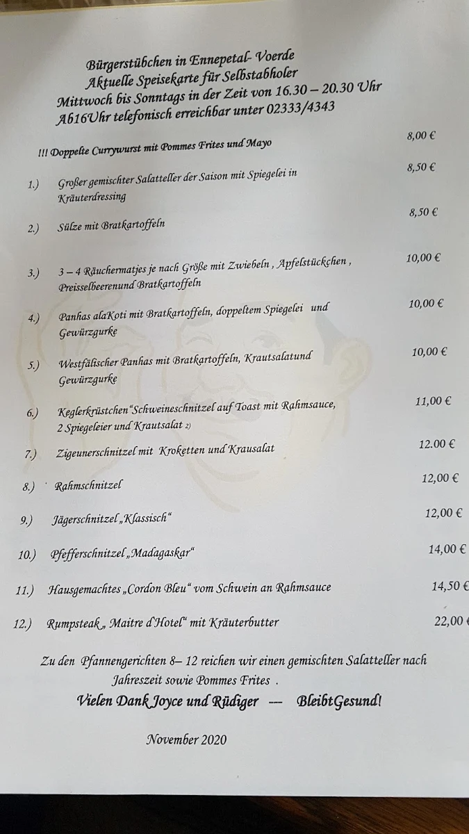 Speisekarte, Bürgerstübchen