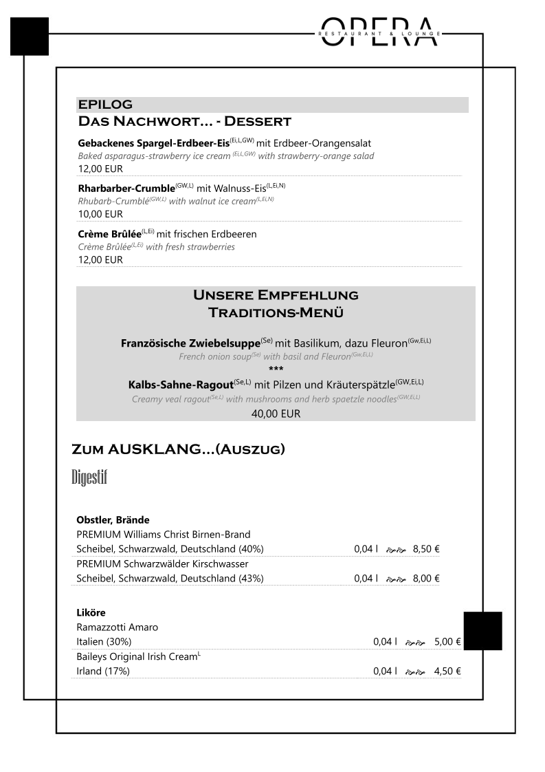 Speisekarte, Opera Restaurant & Lounge