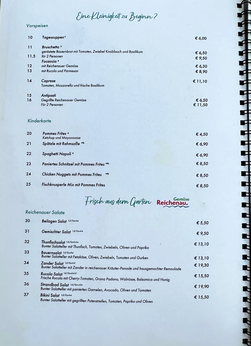 Speisekarte, Restaurant Strandbad Reichenau