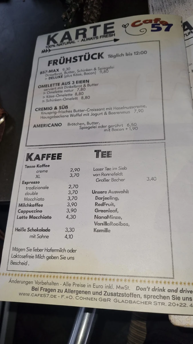 Speisekarte, Cafe 57