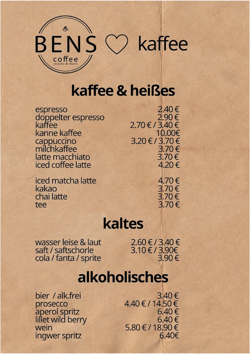 Speisekarte, BENS coffee