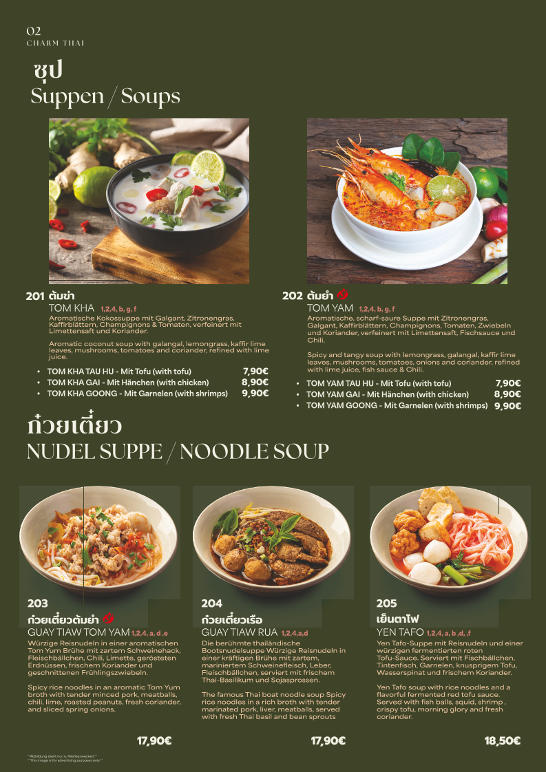 Speisekarte, Charm Thai Restaurant