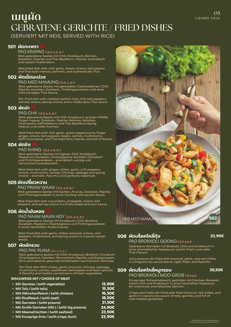 Speisekarte, Charm Thai Restaurant