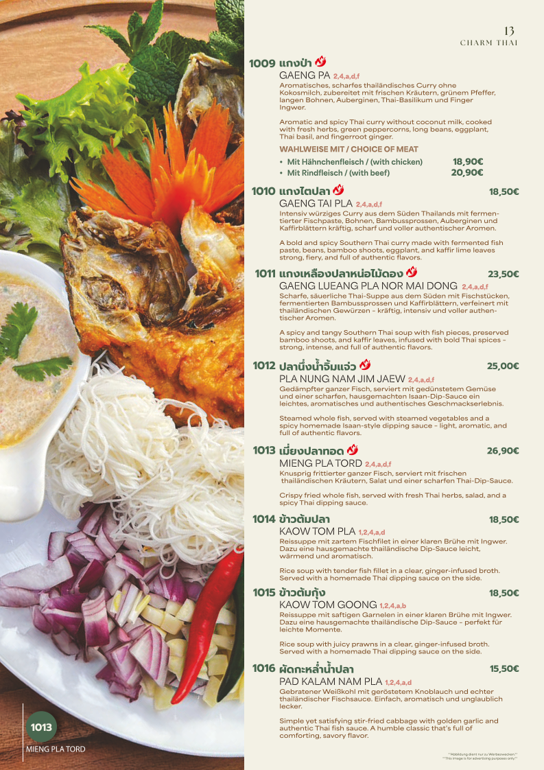 Speisekarte, Charm Thai Restaurant