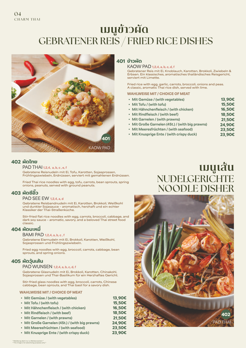 Speisekarte, Charm Thai Restaurant
