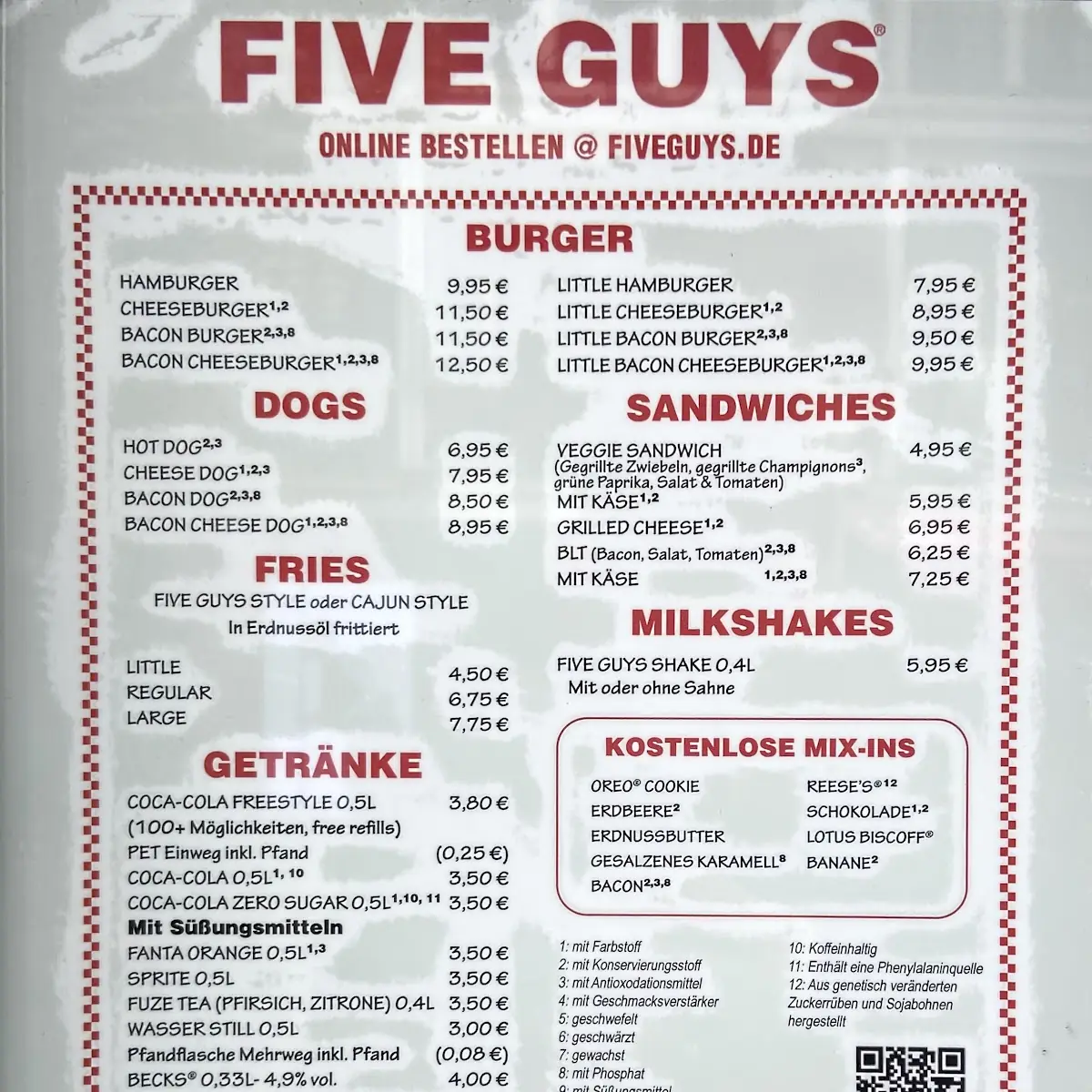 Speisekarte, Five Guys Burgers and Fries Köln Neumarkt Schildergasse