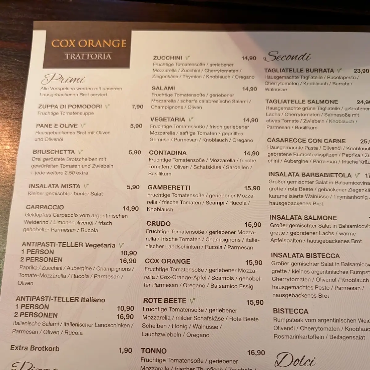 Speisekarte, Trattoria Cox Orange