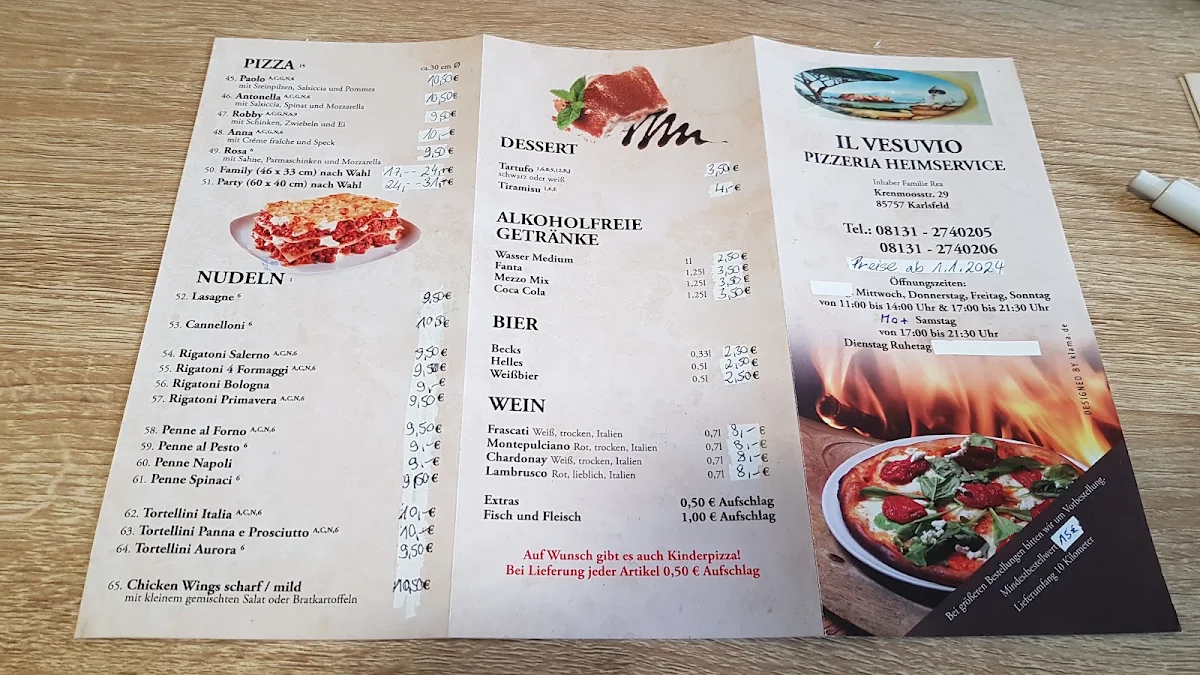 Speisekarte, Pizzeria il Vesuvio