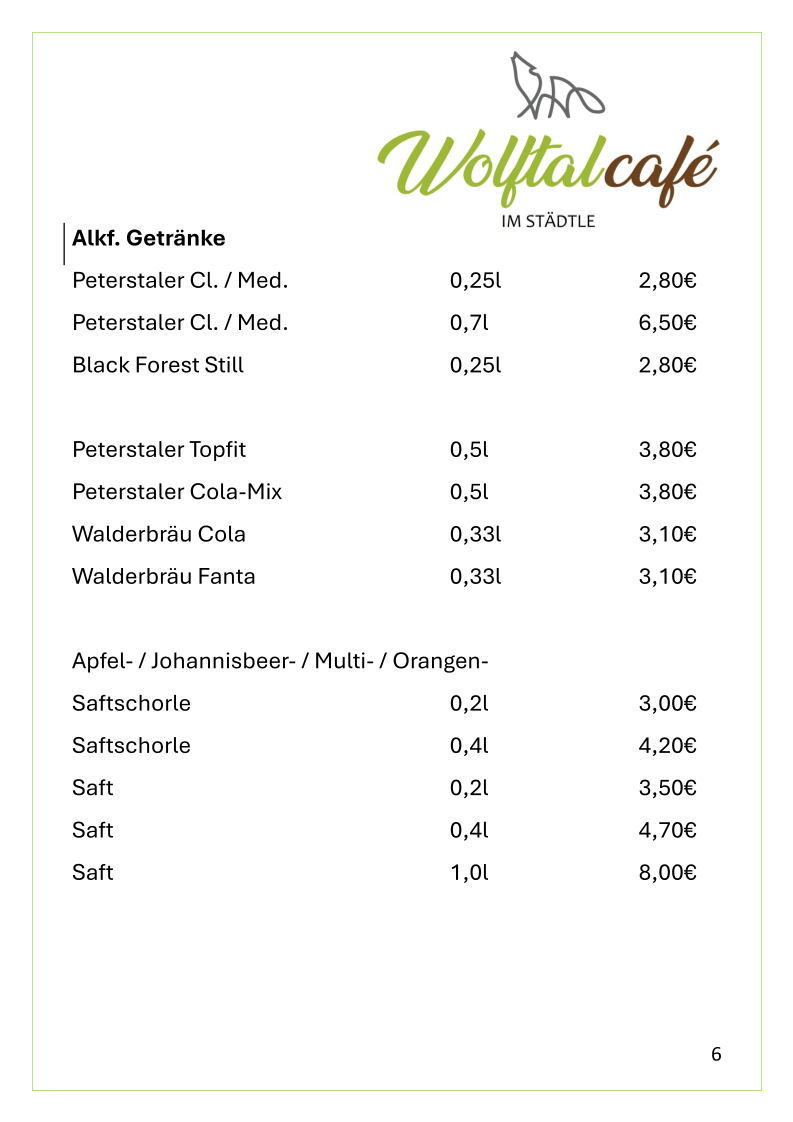 Speisekarte, Wolftalcafe im Städtle