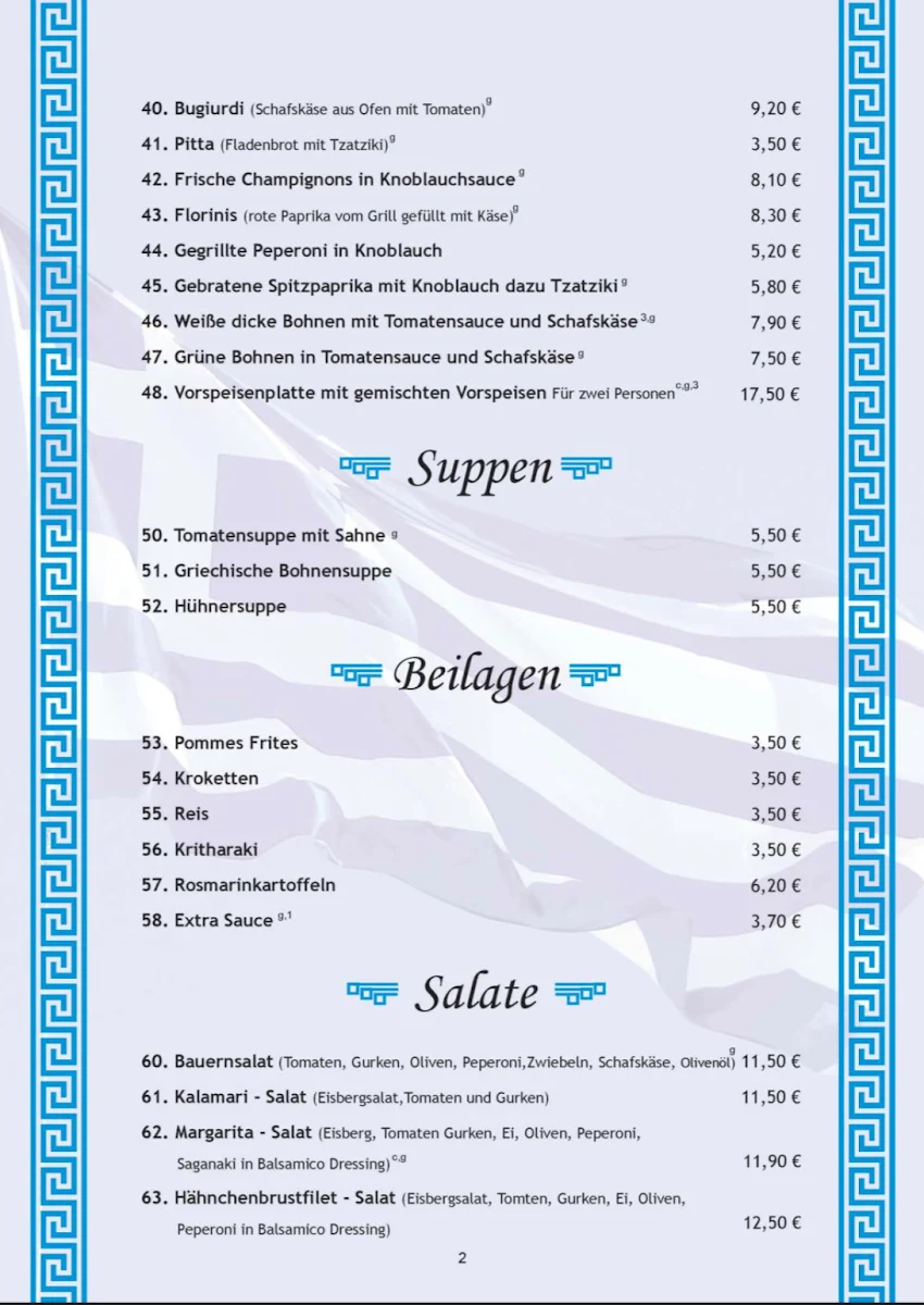 Speisekarte, Restaurant Athen