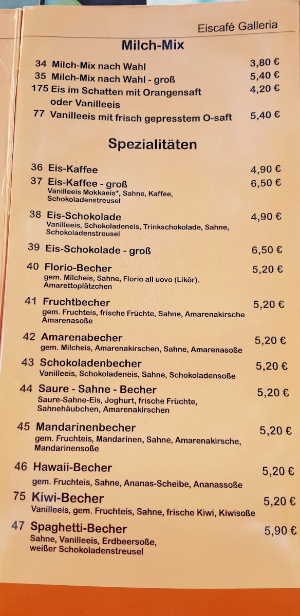 Speisekarte, Eiscafé Galleria