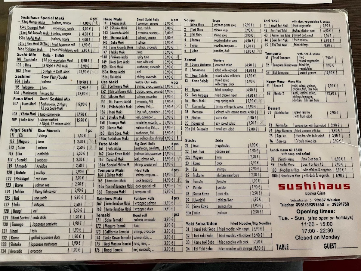 Speisekarte, Restaurant Sushihaus