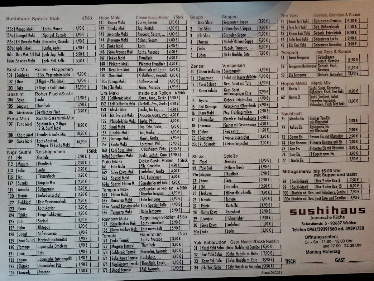 Speisekarte, Restaurant Sushihaus