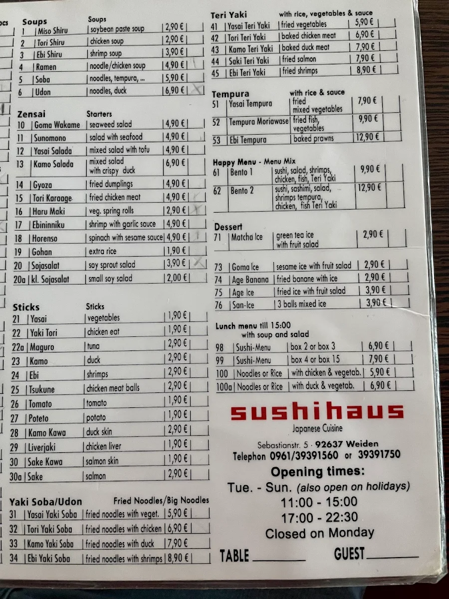 Speisekarte, Restaurant Sushihaus