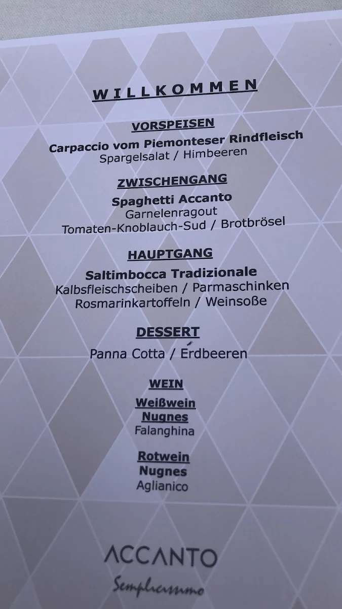 Speisekarte, ACCANTO Semplicissimo