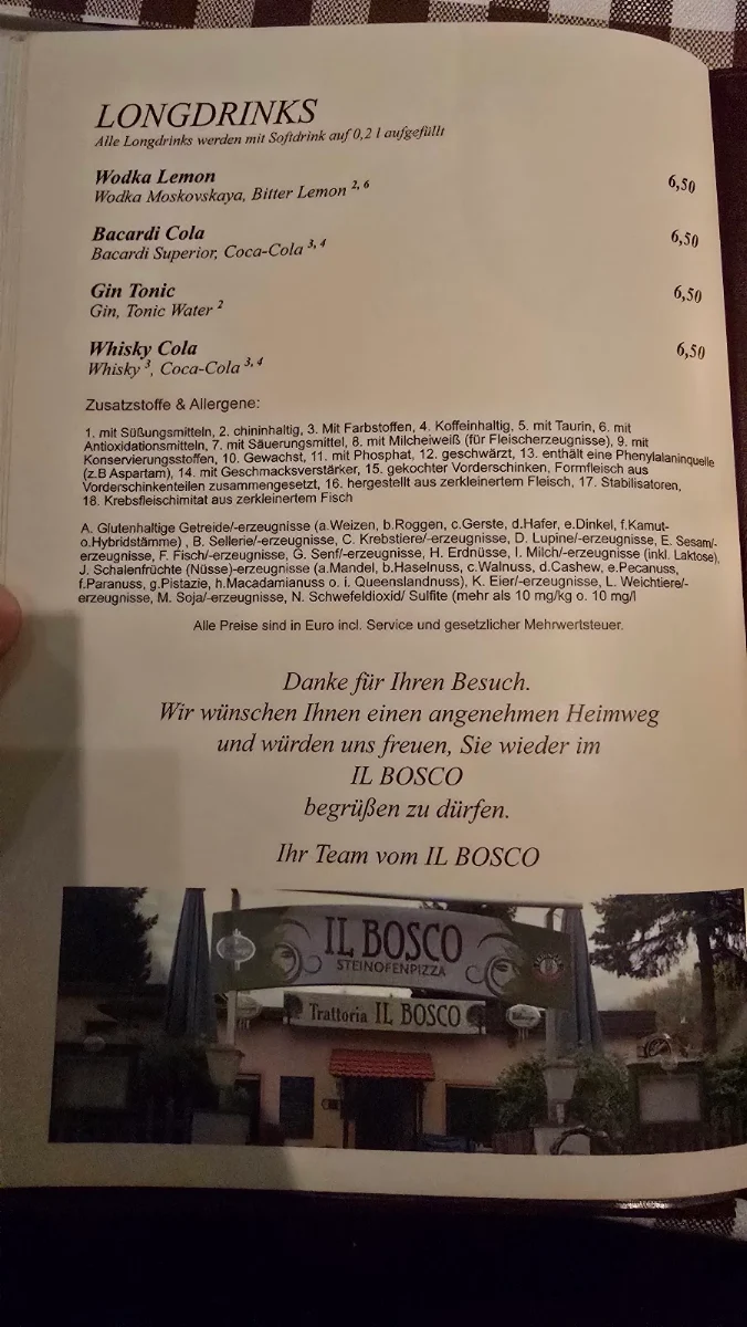 Speisekarte, Trattoria Il Bosco