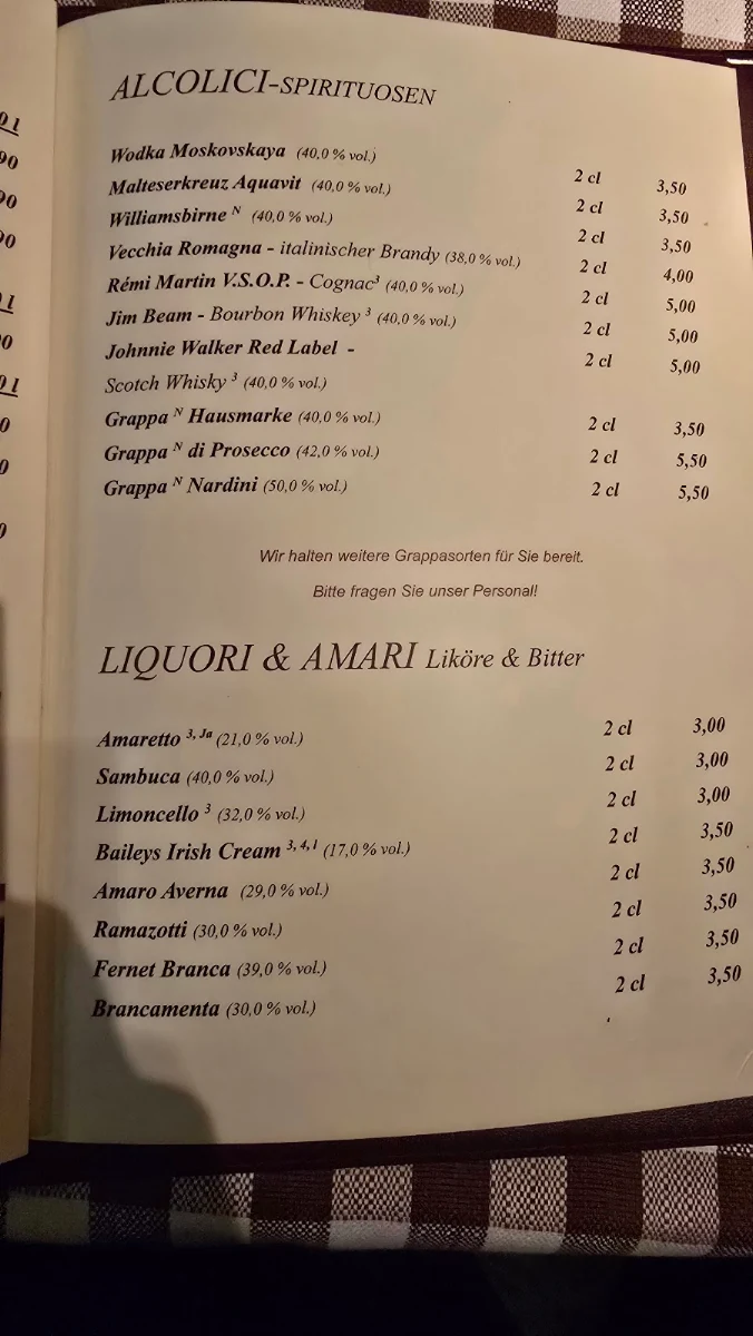 Speisekarte, Trattoria Il Bosco