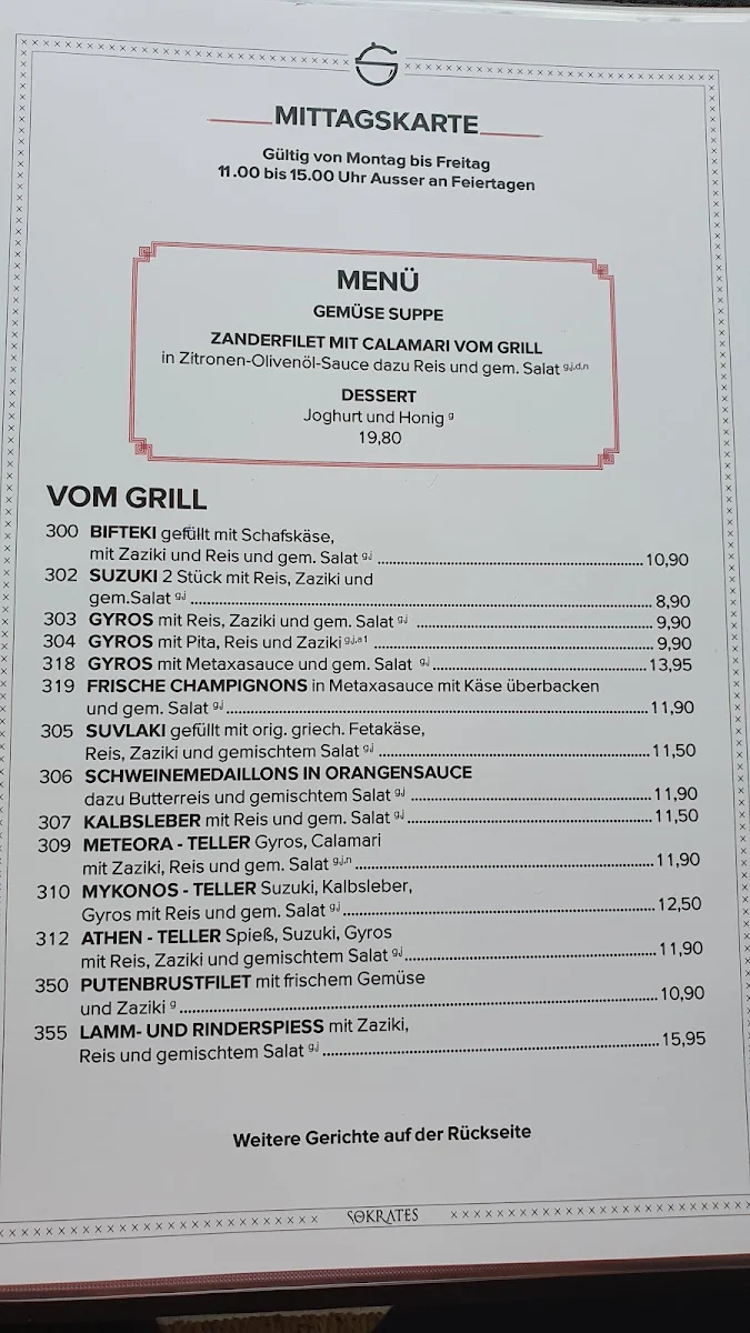 Speisekarte, Restaurant Sokrates