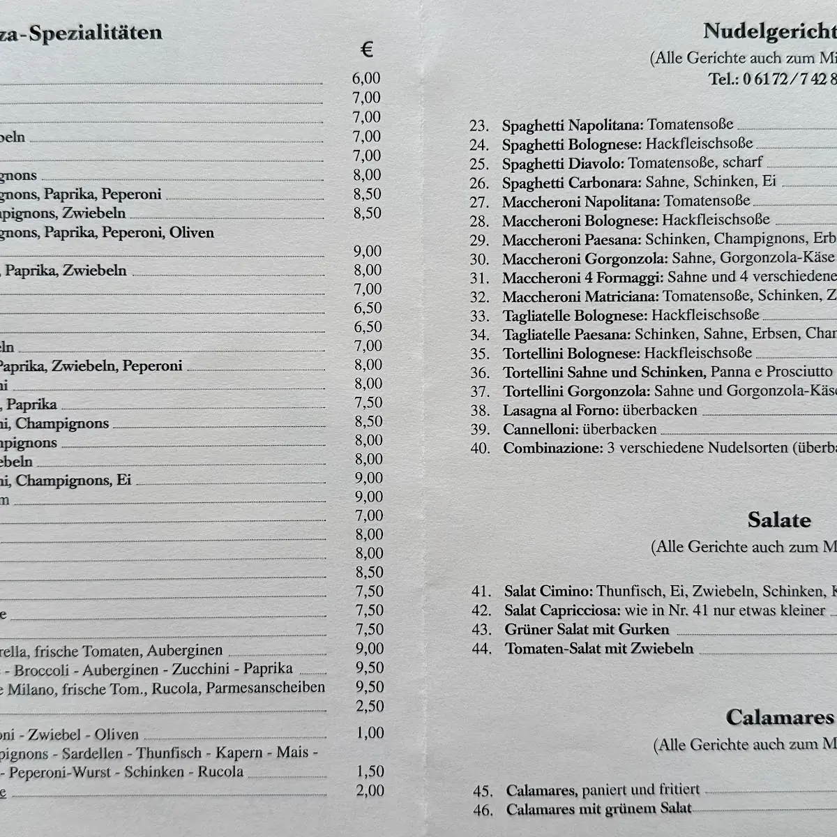 Speisekarte, Pizzeria Da Cimino