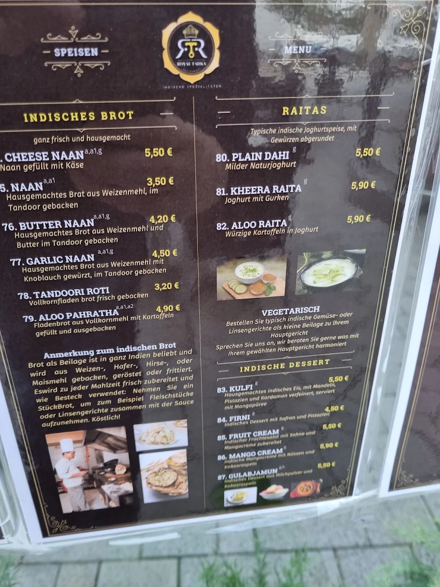 Speisekarte, Royal Tadka indisches Restaurant