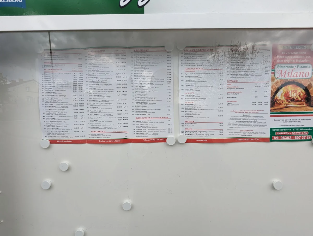 Speisekarte, Pizzeria Milano Winnweiler