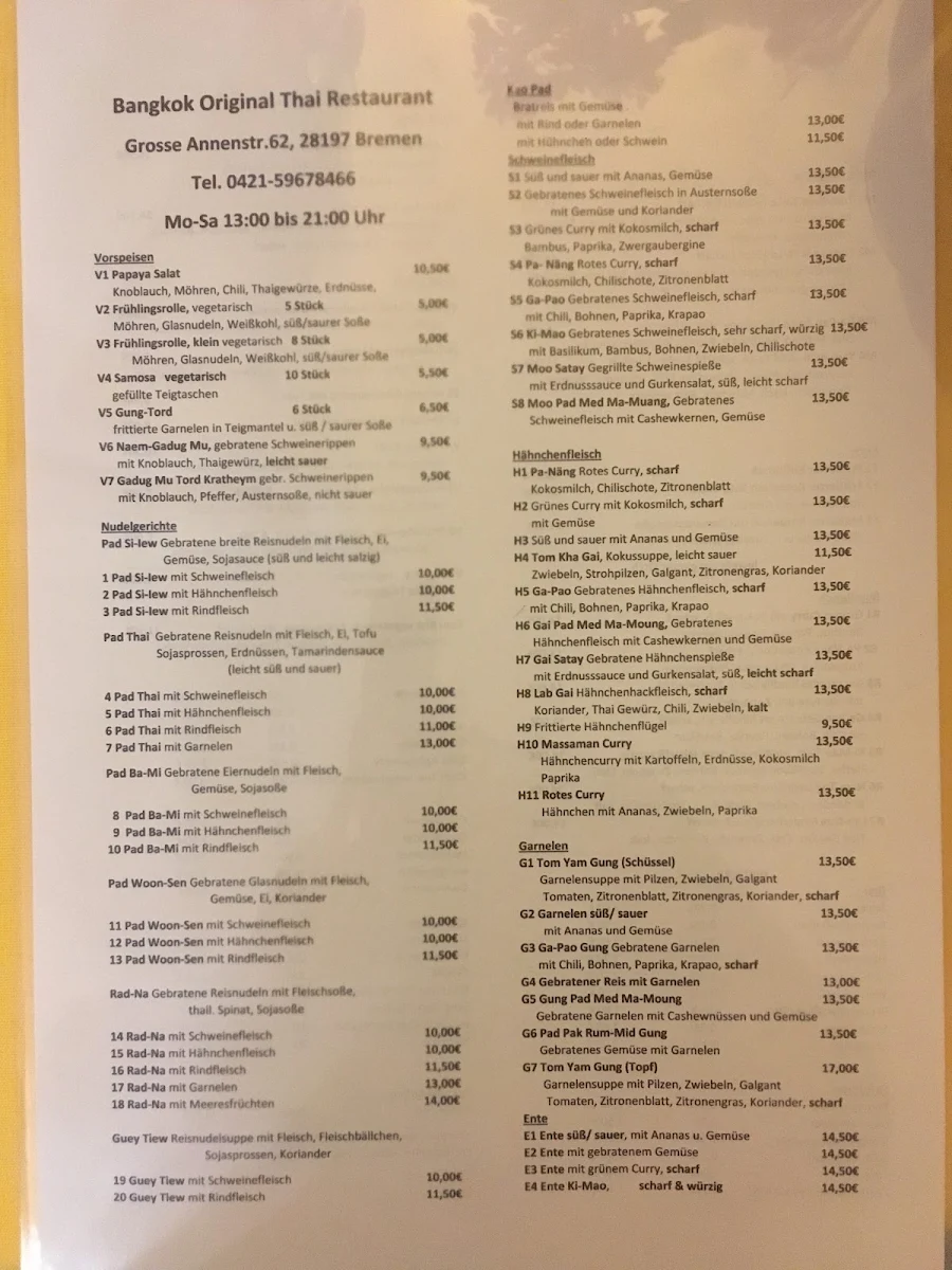 Speisekarte, Restaurant Bangkok