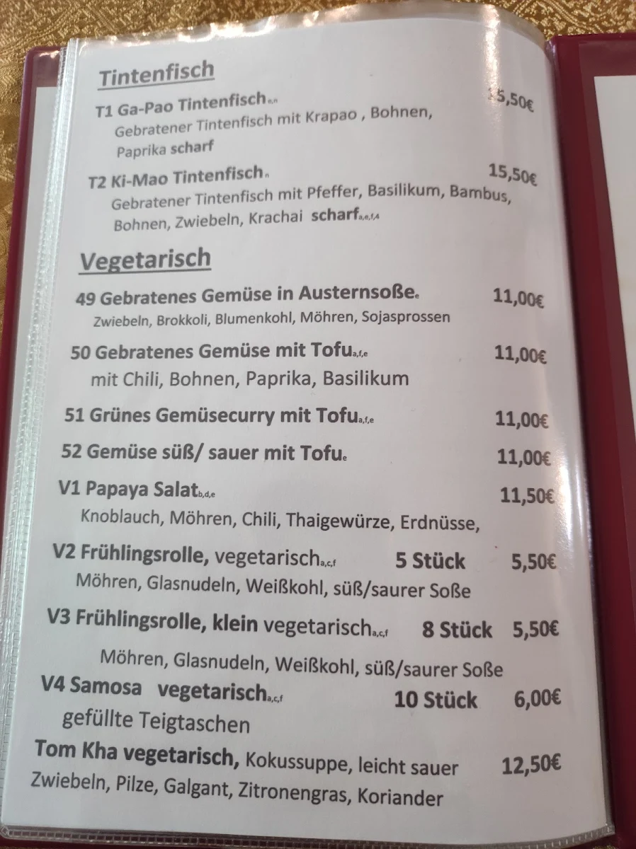 Speisekarte, Restaurant Bangkok