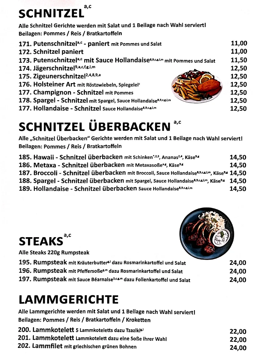 Speisekarte, Xenos Restaurant