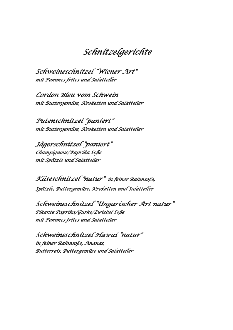 Speisekarte, Gasthaus Baderwirt