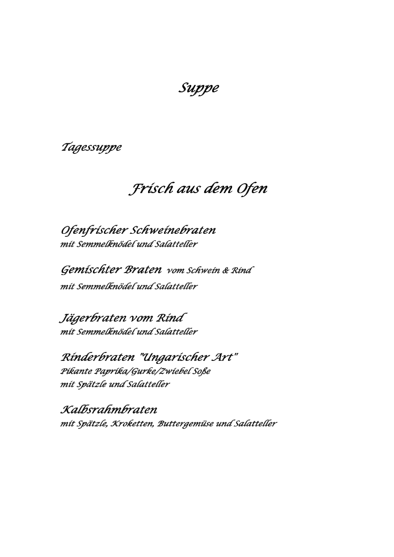 Speisekarte, Gasthaus Baderwirt