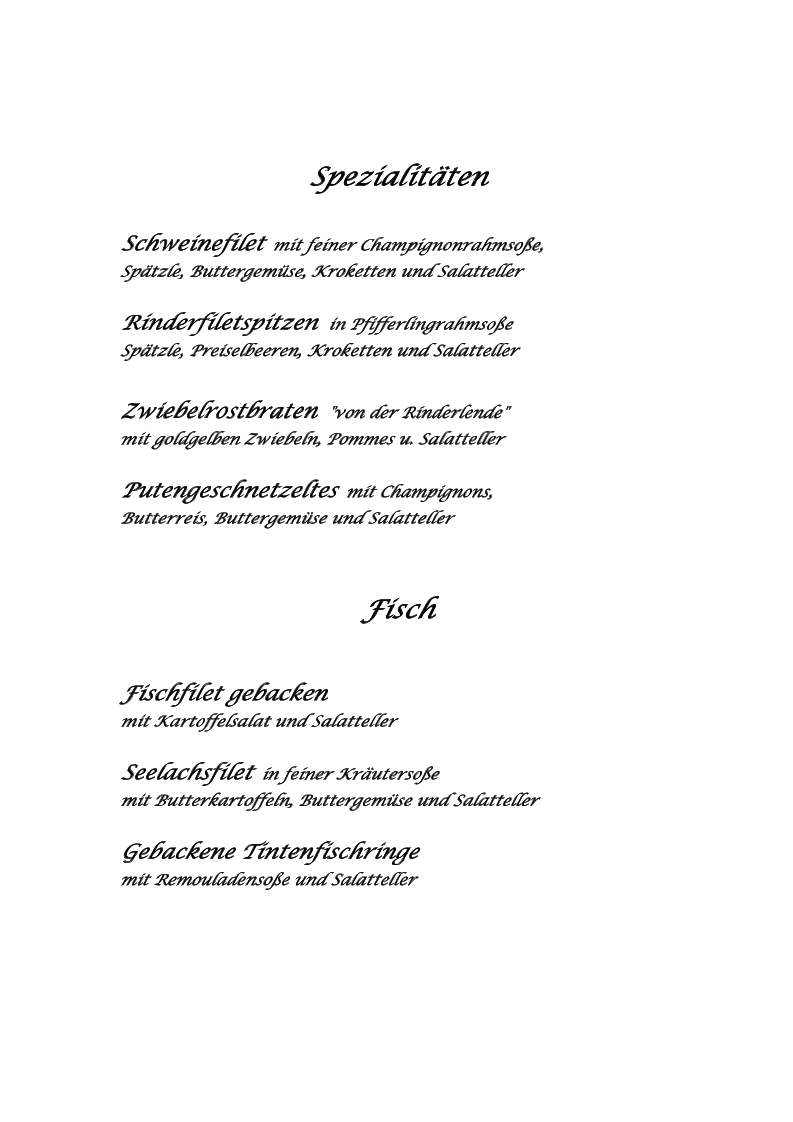 Speisekarte, Gasthaus Baderwirt