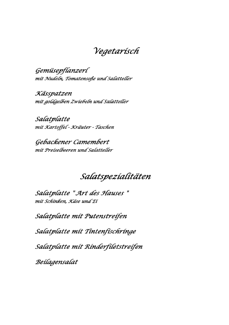 Speisekarte, Gasthaus Baderwirt