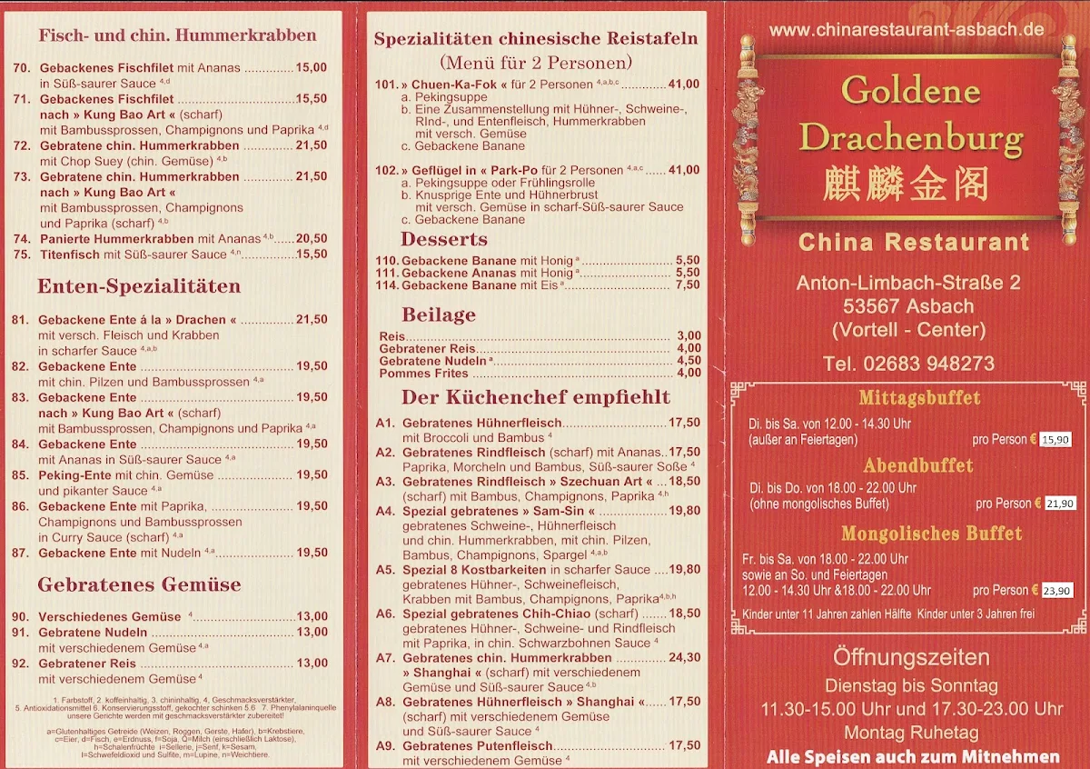 Speisekarte, Goldene Drachenburg