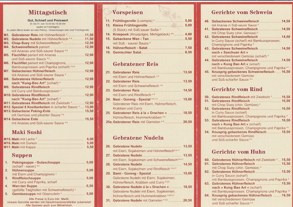 Speisekarte, Goldene Drachenburg