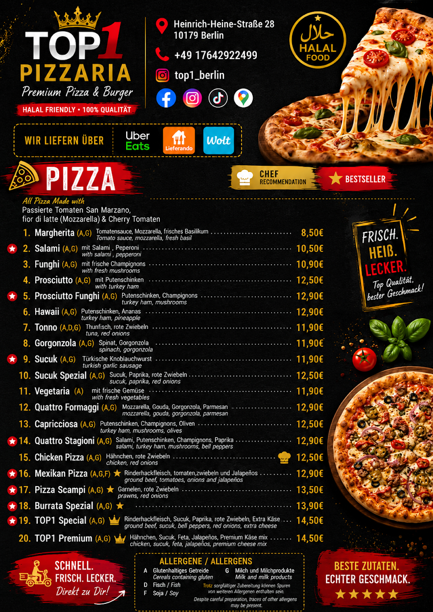 Speisekarte, Top1 Pizza Pasta Burger