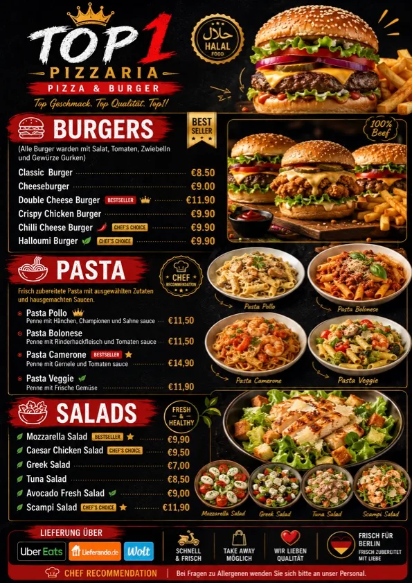 Speisekarte, Top1 Pizza Pasta Burger