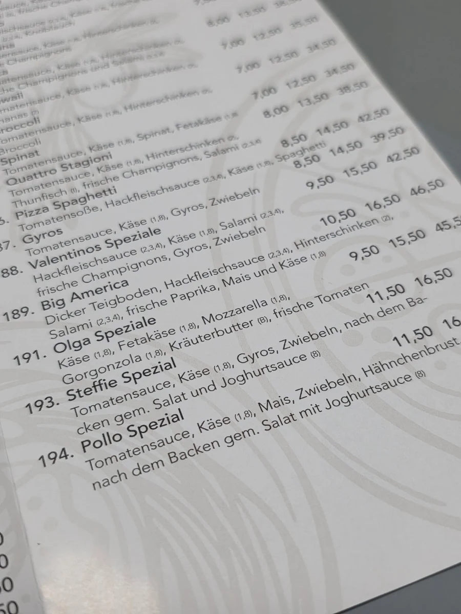 Speisekarte, Grill &Pizzeria bei Valentino