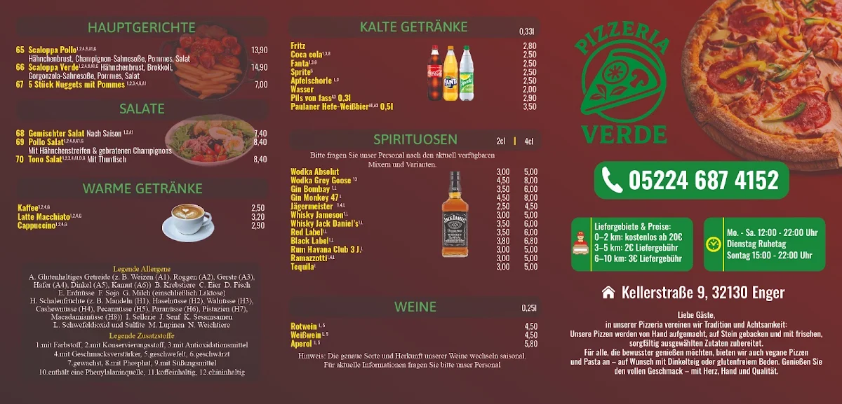 Speisekarte, Pizzeria Verde