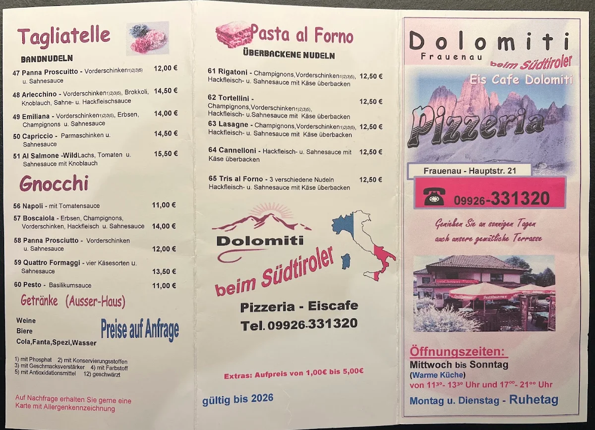Speisekarte, Pizzeria Dolomiti beim Südtiroler