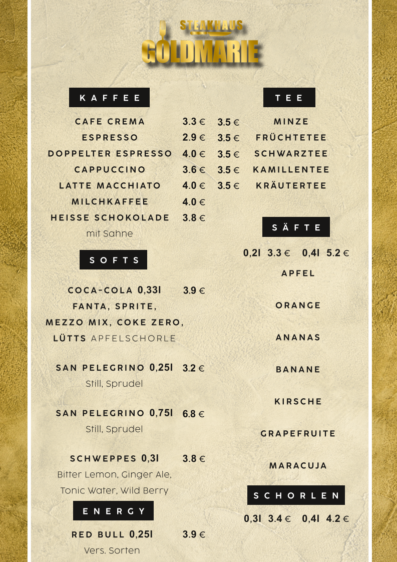 Speisekarte, Steakhaus Goldmarie