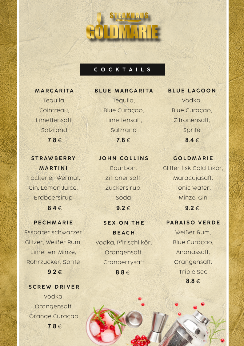 Speisekarte, Steakhaus Goldmarie