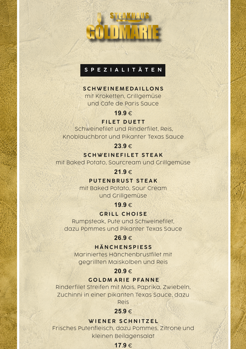 Speisekarte, Steakhaus Goldmarie