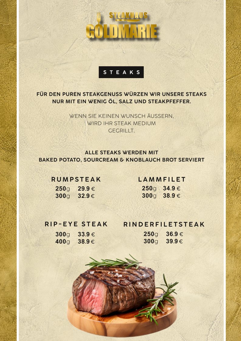 Speisekarte, Steakhaus Goldmarie