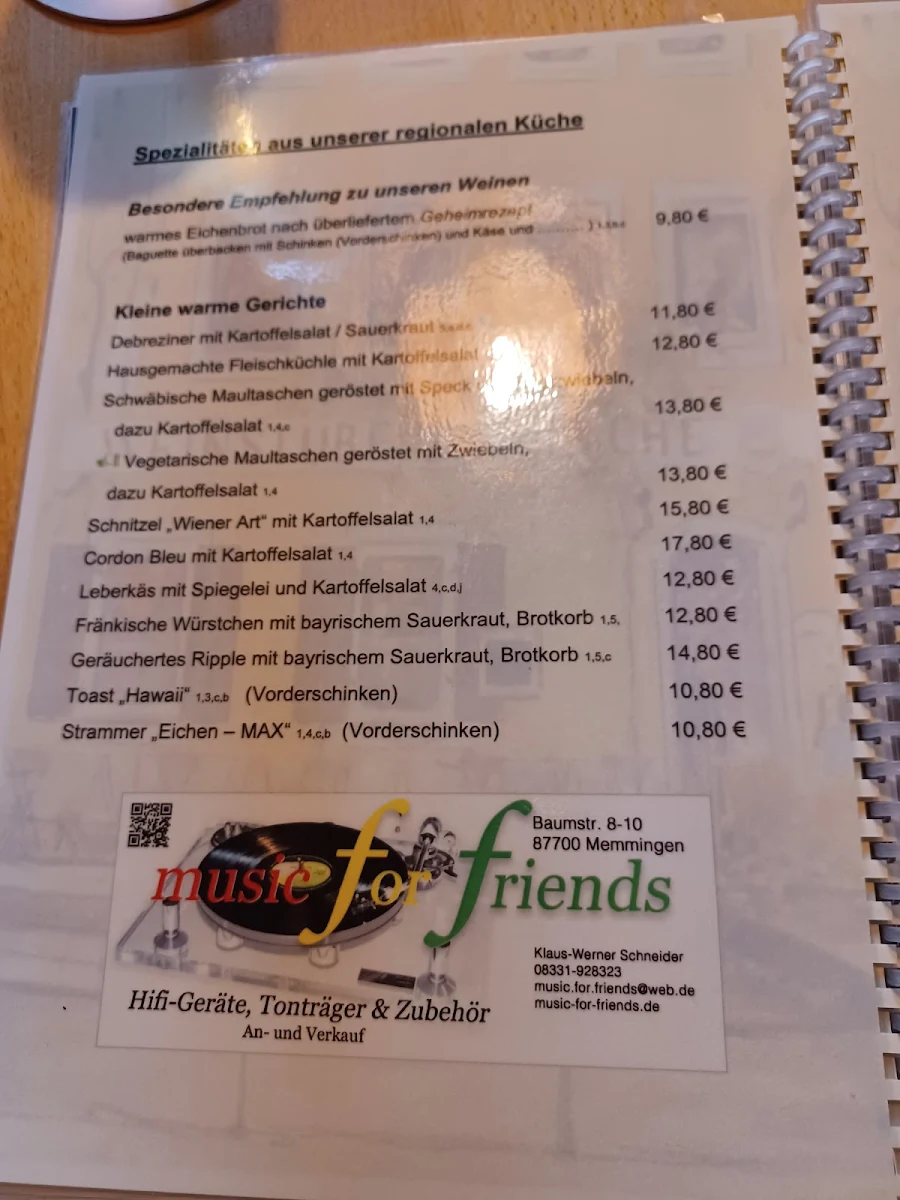 Speisekarte, Weinstube zur Eiche